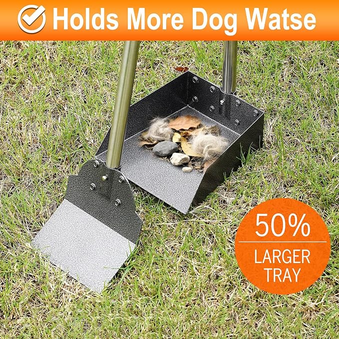 Dog Pooper Scooper, Metal Tray & Spade with 38.2" Long Handle | Medium Dog Poop Scooper: 6.5x6.7x2.5in Tray, 5.1x3.3in Spade, No-bend Pickup, Easy Rinse, Tool-free Setup
