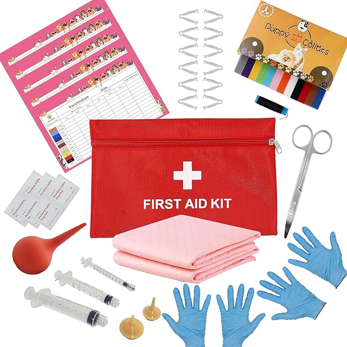 SQUARECIRCLE Complete Dog Whelping Kit with Feeding Nipple, Record Keeping Charts, ID Collars, Aspirator, Cord Clamps & More - Essential for Newborn Puppies (Red with Pads)