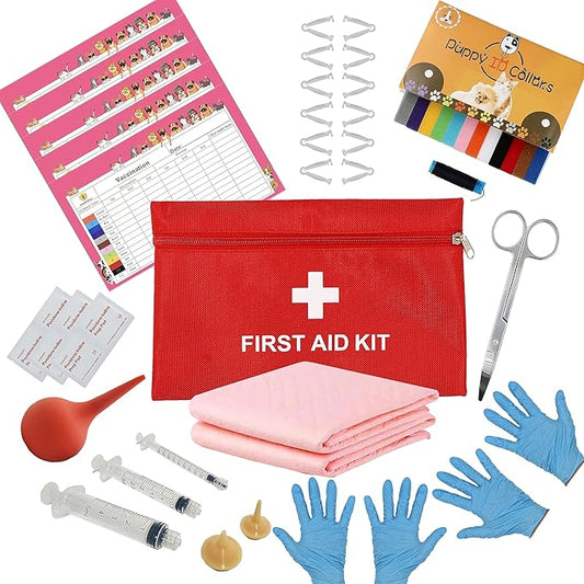 SQUARECIRCLE Complete Dog Whelping Kit with Feeding Nipple, Record Keeping Charts, ID Collars, Aspirator, Cord Clamps & More - Essential for Newborn Puppies (Red with Pads)