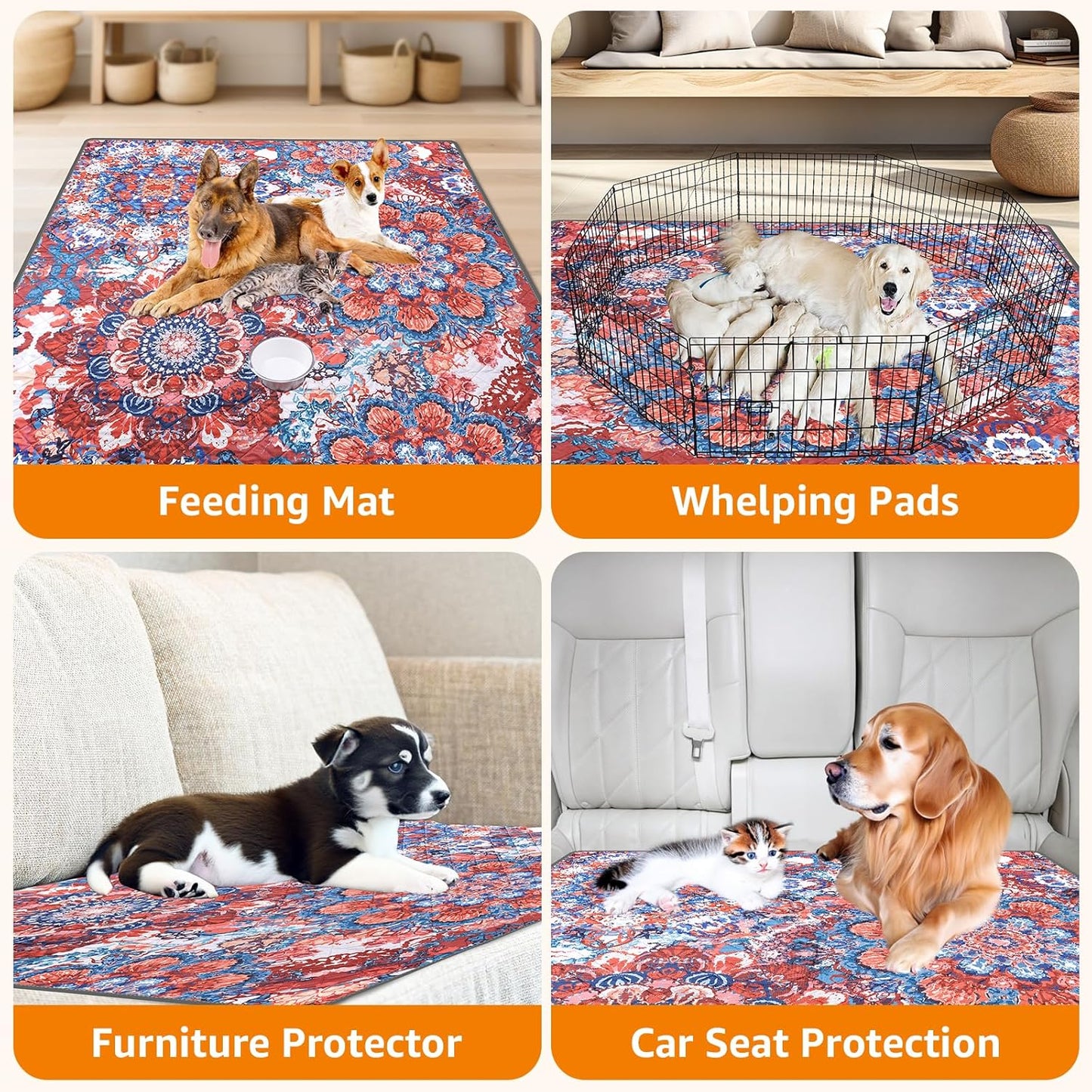 LOOBANI Washable Pee Pads for Dogs, 1 Pack Super Absorbent Reusable Puppy Pads Leakproof Dog Traning Pads, Waterproof Non-Slip Whelping Pad for Floor, Playpen, Crate, Couch-72 x72 (Red Flower)