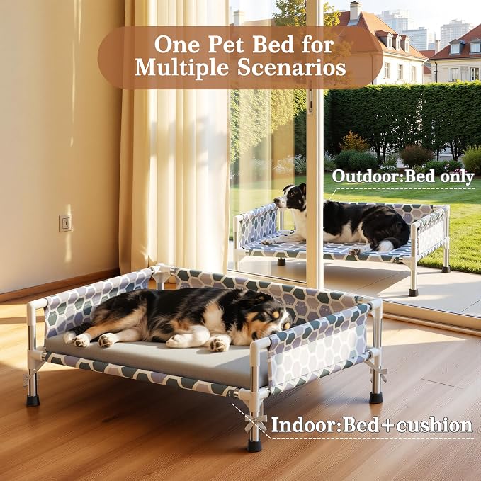 Elevated Dog Bed, Cooling Outdoor Dog Cot with with Breathable Mesh, Raised Pet Bed with 3-Sided Guard Rails, Indoor and Outdoor (Medium)