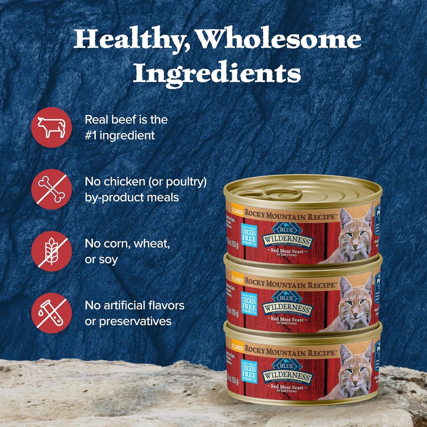 Blue Buffalo Wilderness Rocky Mountain Recipe Flaked Wet Cat Food, Chicken-Free & Grain-Free Recipe, Made with Natural Ingredients, Red Meat in Tasty Gravy, 5.5-oz. Cans (24 Count)