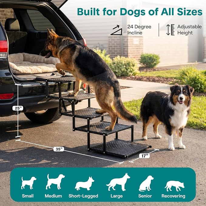 Dog Stairs for Car - Foldable Dog Steps for Large Dogs with Non-Slip Surface & Extra Wide Design, Pet Ramp for SUVs & Trucks, Portable Metal Frame Supports Up to 250 lbs (5 Steps)