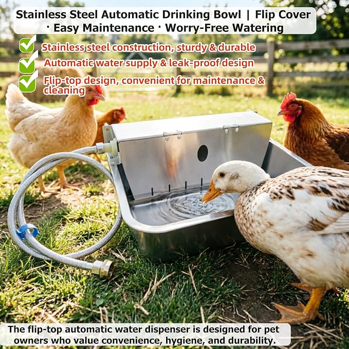 Stainless Steel Automatic Pet Waterer with Flip-Top & Wall Mount | Outdoor Auto-Fill Water Bowl with Adjustable Float,Wide Drinking Area,Easy To Clean,for Dogs,Chickens & Other Poultry