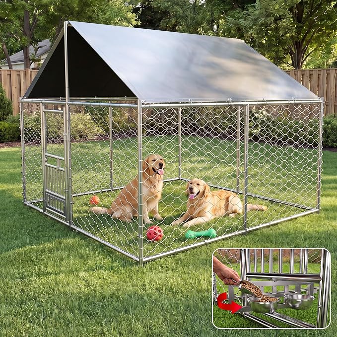 7.5 x 7.5ft Large Outdoor Dog Kennel with Rotating Feeder, HeavyDuty Dog Runs with Roof, Pet Playpen with Double Doors&Secure Lock, with Galvanized Chain Link for Dogs,Chickens,Ducks