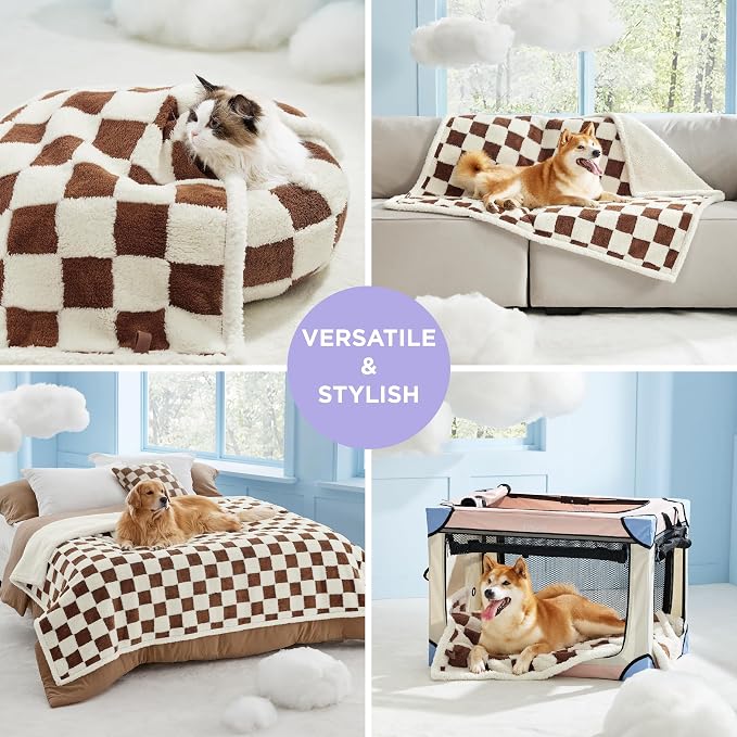 LE SURE Waterproof Blanket for Bed Cute Cozy 3D Jacquard, Twin（60x80） | Dog Blankets for Large Dogs, Pet Aesthetic Gift, Warm Soft Sherpa Throw, Reversible Couch Protector, Brown Checks