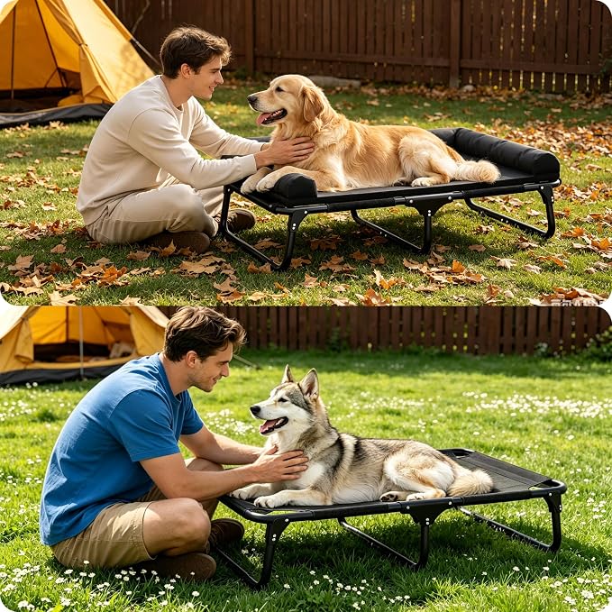 Foldable Elevated Large Dog Cot Bed with Detachable Soft Mat | For Indoor & Outdoor, Raised Orthopedic Pet Bed, Load Over 150 LBS, Carry Handle, Heavy Duty Frame, Non-slip Foot Pads