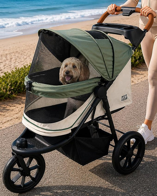 Pet Gear No-Zip AT3 Pet Stroller for Cats/Dogs, Sea Side | Zipperless Entry, Easy One-Hand Fold, Jogging Tires, Removable Liner, Cup Holder + Storage Basket