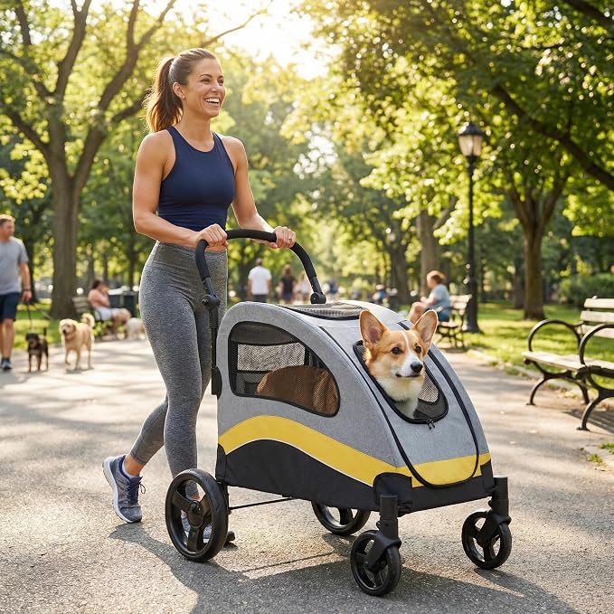 Garvee Extra Large Dog Stroller with Steel Pipe Frame, Wheels, Brakes, Shock Absorption, Foldable Design - Yellow