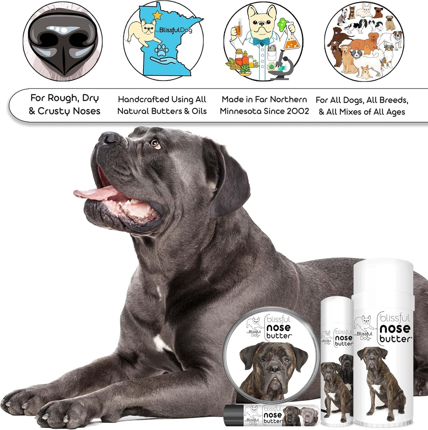 The Blissful Dog Cane Corso Nose Butter for Dry, Cracked Skin, Lick-Safe Dog Nose Balm with Moisturizing Shea Butter, Almond, Olive, and Essential Oils, Pet Supplies, Uncented, 1 oz.