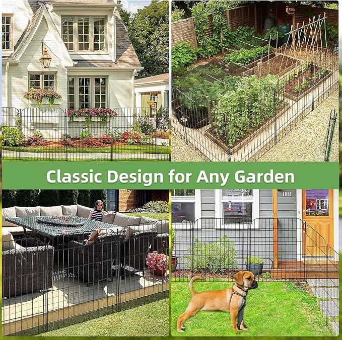 10 Panels Decorative Garden Fence with Gate for Outside, 32 in(H) X 23.6 ft(L) Rustproof Metal Wire Panel Border Fencing with Temporary Ground Stakes, No Dig Animal Barrier for Dog and Patio