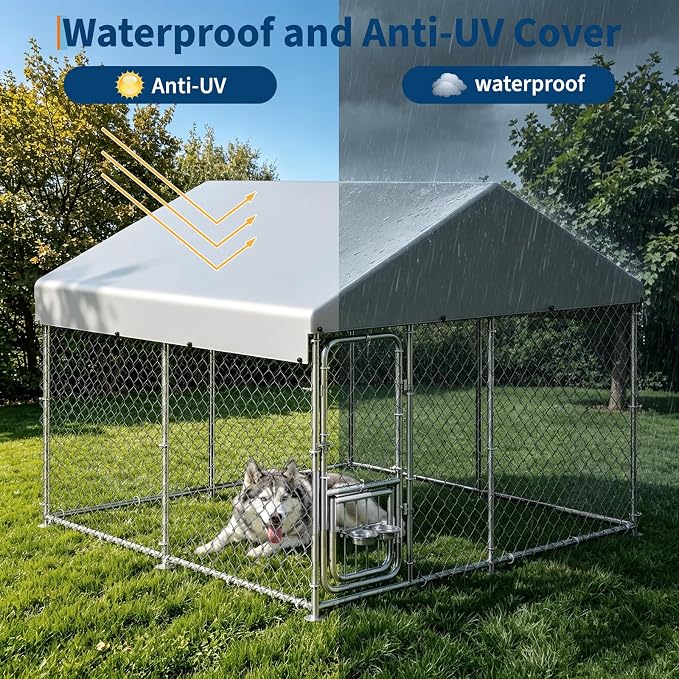 GarveeLife Dog Kennel Outdoor with Waterproof Cover, Outdoor Dog Enclosure with 360° Rotating Feeding Bowls, Dog Kennel Outside for Backyard, 7.5ftx7.5ftx6.6ft