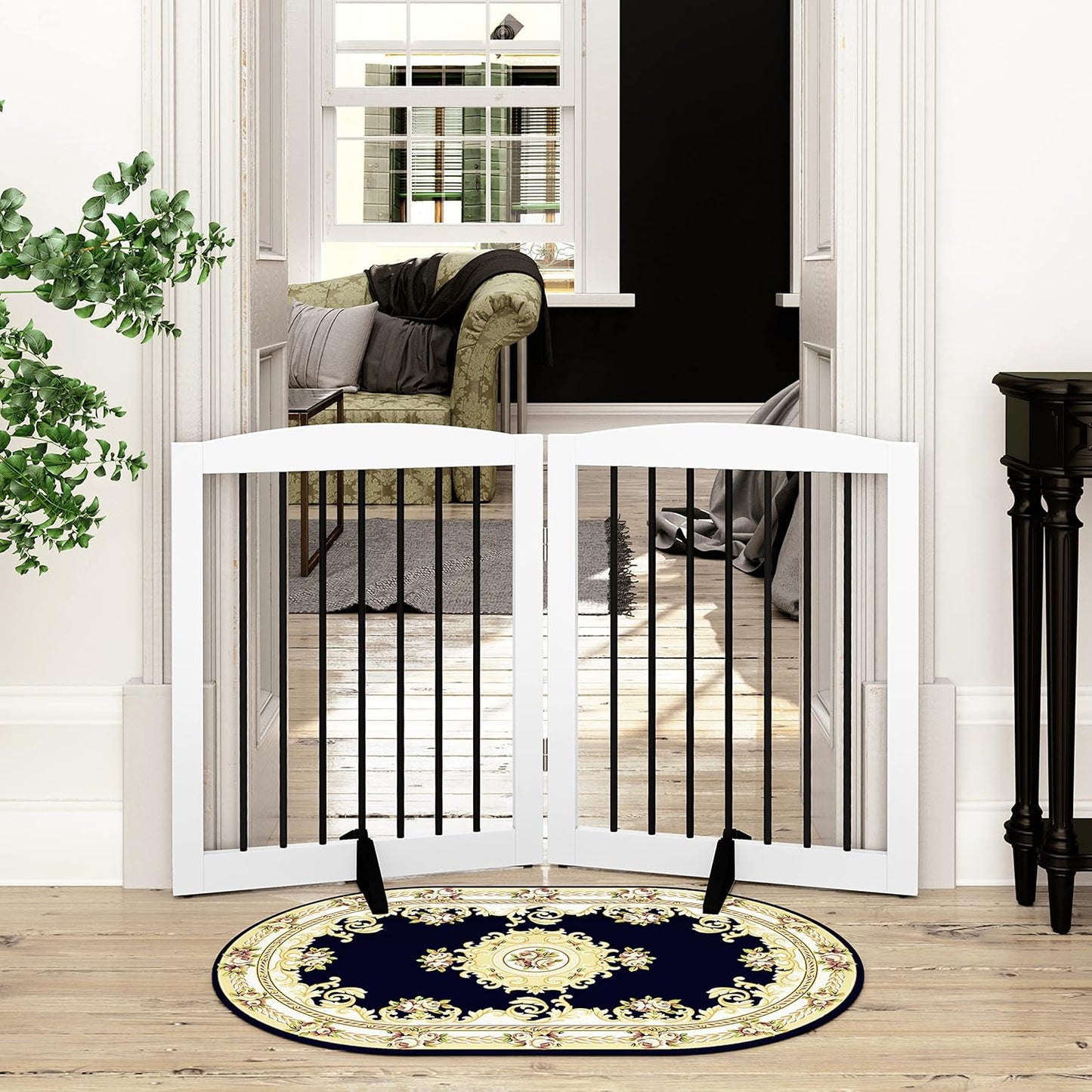 Freestanding Pet Gate for Dogs, Foldable Wooden Dog Gate for House, Indoor Pet Barrier for Stairs, Doorways, Support Feet Included, 24" Height 2 Panels, White