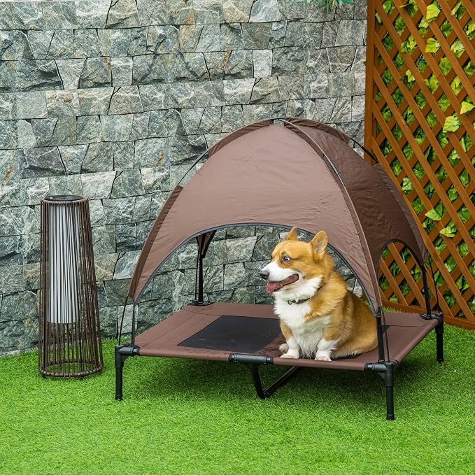 PawHut Elevated Dog Bed with Removable Canopy, Outdoor Dog Cot with UV Protection Canopy Shade, 36 inch Large Pet Bed for Camping, Coffee | Large Pet Bed, Outdoor Dog Cot, UV Protection Shade, Camping