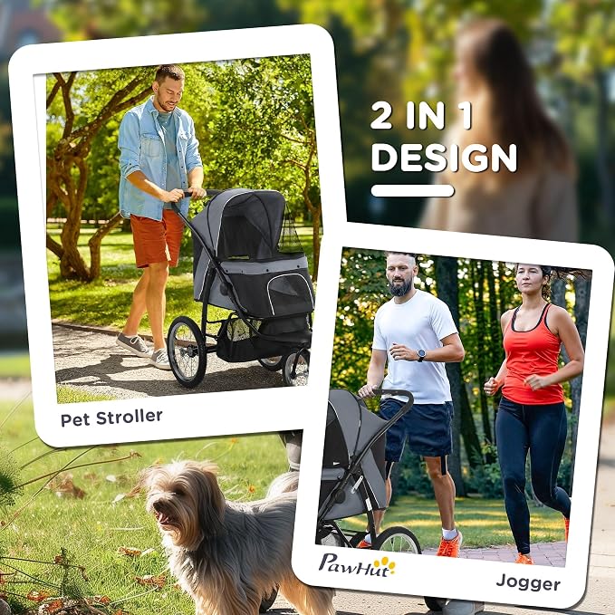 PawHut 3 Wheels Pet Stroller, Foldable Dog Stroller with Adjustable Canopy, Safety Tether, Cushion, Storage Basket, Portable Jogger for Small and Medium Dogs and Cats, Gray