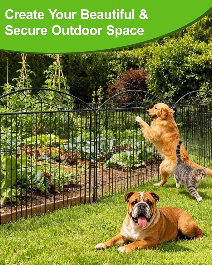 10 Panels Black Metal No Dig Garden Fence, 33in H x 24ft L Temporary Animal Barrier for Dogs & Rabbits, Reusable Outdoor Yard Fencing