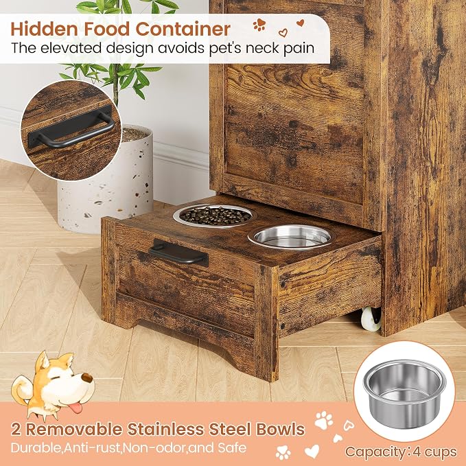 Dog Feeding Station with 2 Elevated Bowls | Pet Feeding Station,Flip Top Dog Food Storage Cabinet, Food Storage Container,Pet Toy Organizer,Modern Organizer, Brown
