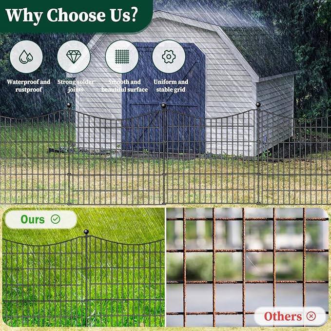 4 Panels Decorative Garden Fence with Gate, 48 in(H) X 10.5 ft(L) No Dig Dog Fence Animal Barrier Outdoor for Yard, Rustproof Metal Garden Edging and Borders, Temporary Fencing Stakes