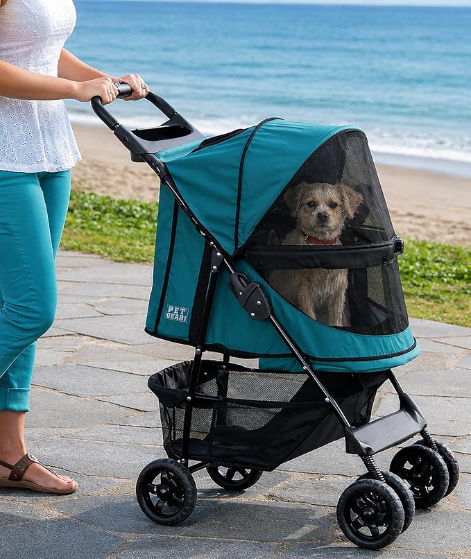 Pet Gear No-Zip Happy Trails Pet Stroller for Cats/Dogs, Pine Green | Zipperless Entry, Easy Fold with Removable Liner, Safety Tether, Storage Basket + Cup Holder