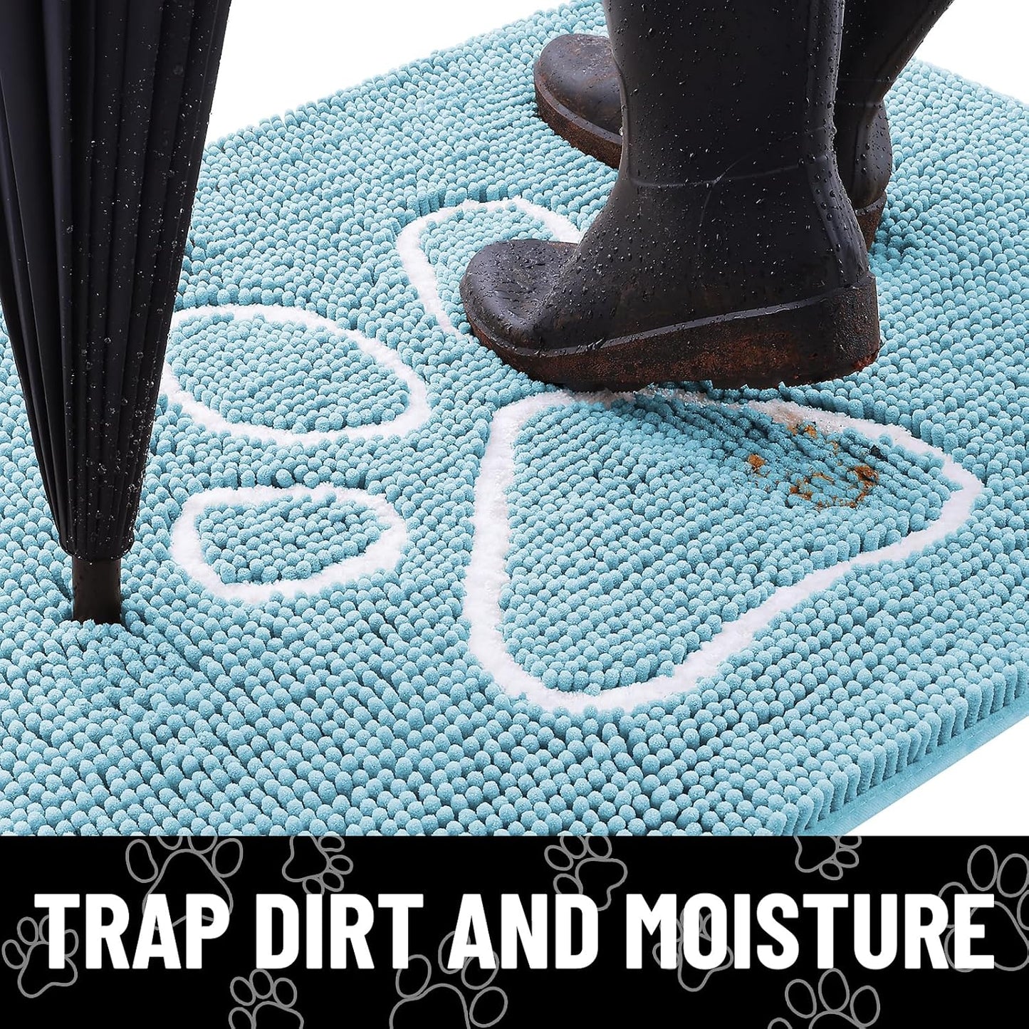 Smiry Dog Door Mat for Muddy Paws, Absorbent Dirt Trapper Non Slip Quick Dry Washable Chenille Mat for Mud Dogs, Entry Rug for Indoor and Outdoor (48x30 Inches, Sky Blue)