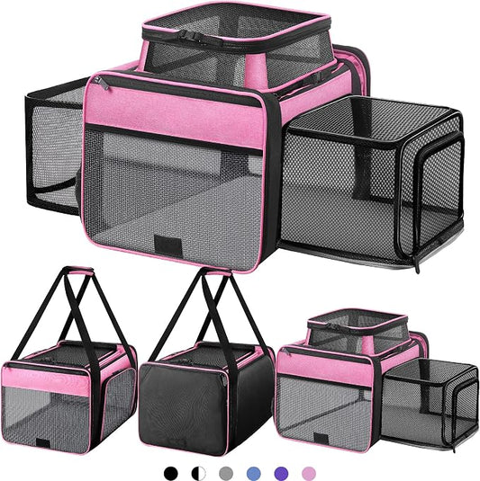 Top and 2 Sides Expandable Cat Carrier 18x11x11, TSA Airline Approved Dog Carriers for Small Dogs, Soft-Sided Pet Carrier with Self-Locking Zippers for Kitten,Rabbit, Puppy, Guinea Pig Pink