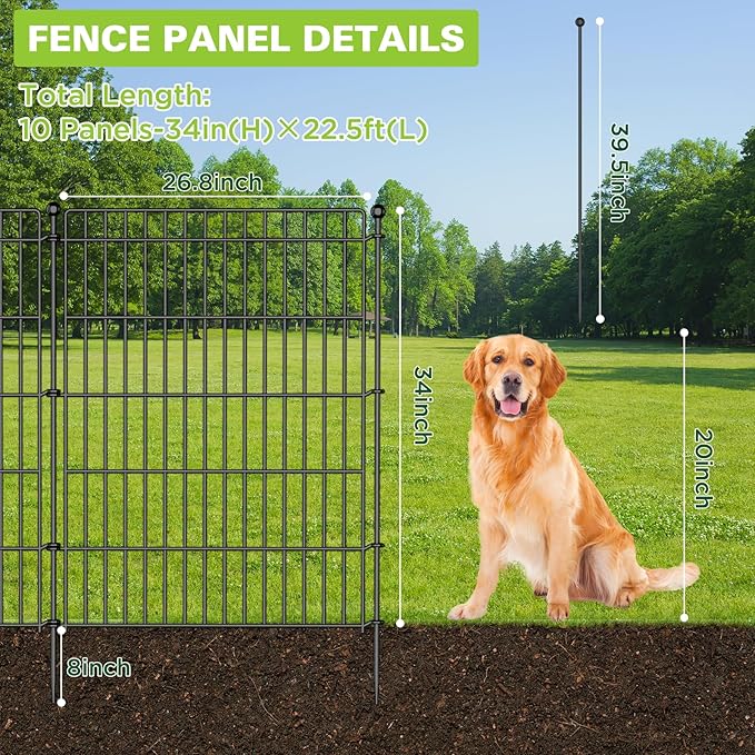 10 Panels No Dig Garden Fence with Gate, 34in(H) × 22.5ft(L) Decorative Metal Outdoor Dog Fence, Rustproof Pet Fencing for Yard, Patio, Flower Bed -Temporary Fencing| Easy to Install