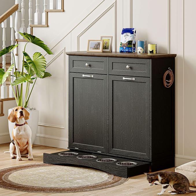 FIMELLO 39.7’’W Dual Doors Dog Food Storage Cabinet, Tilt-Out Dog Feeding Station with 4 Feeding Bowls, Pet Feeder Cabinet, Black Grain
