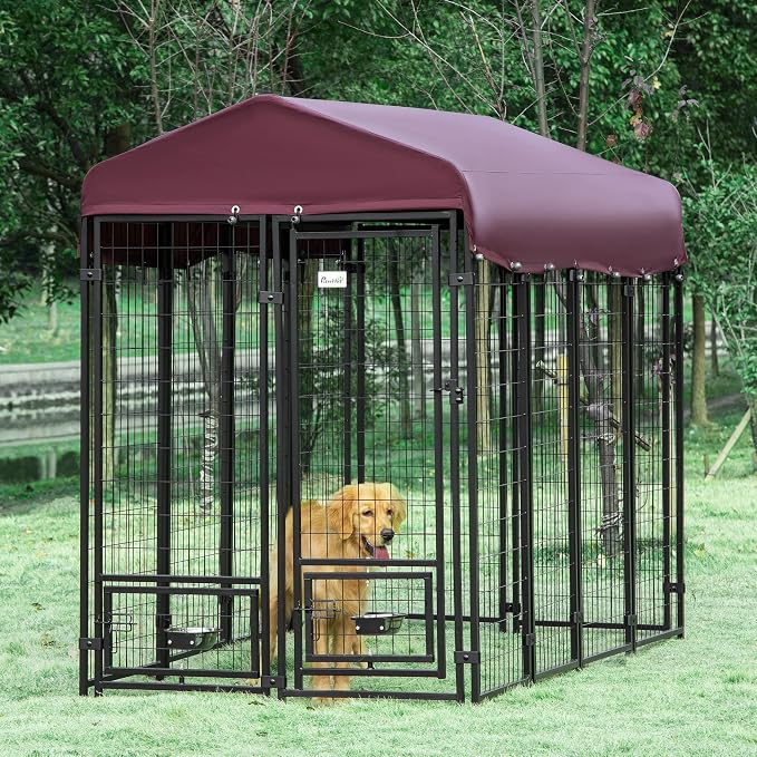 PawHut 8' x 4' x 6' Outdoor Dog Kennel with Rotating Bowl Holders, Walk-in Pet Playpen, Welded Wire Steel with Water and UV-Resistant Canopy, Red | Welded Wire Dog Kennel Outside Run, Waterproof & UV Resistant Cover, for S&M&L Breeds, Chickens & Ducks
