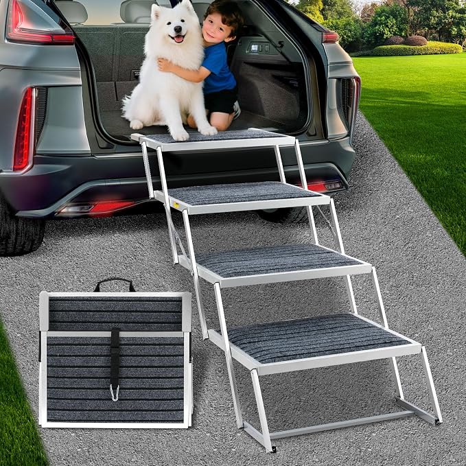 Joyrally 4-Step Dog Stairs for Car, Large Dogs, Rug with Iron Bars | 20 in extra-wide aluminum frame, rug surface and support bars for SUV and truck trunks, for senior and injured dogs