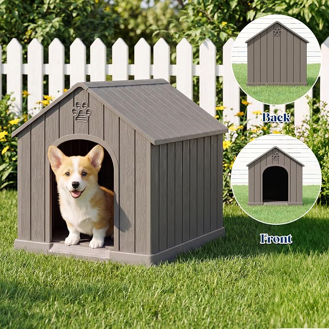Dog House Outdoor, Plastic Small Dog House-Weatherproof Design with Air Vents & Elevated Floor for Small to Medium Dogs, Easy Clean and Assemble (Standard Grey, 26.18''L × 24.03''W × 25.98''H)