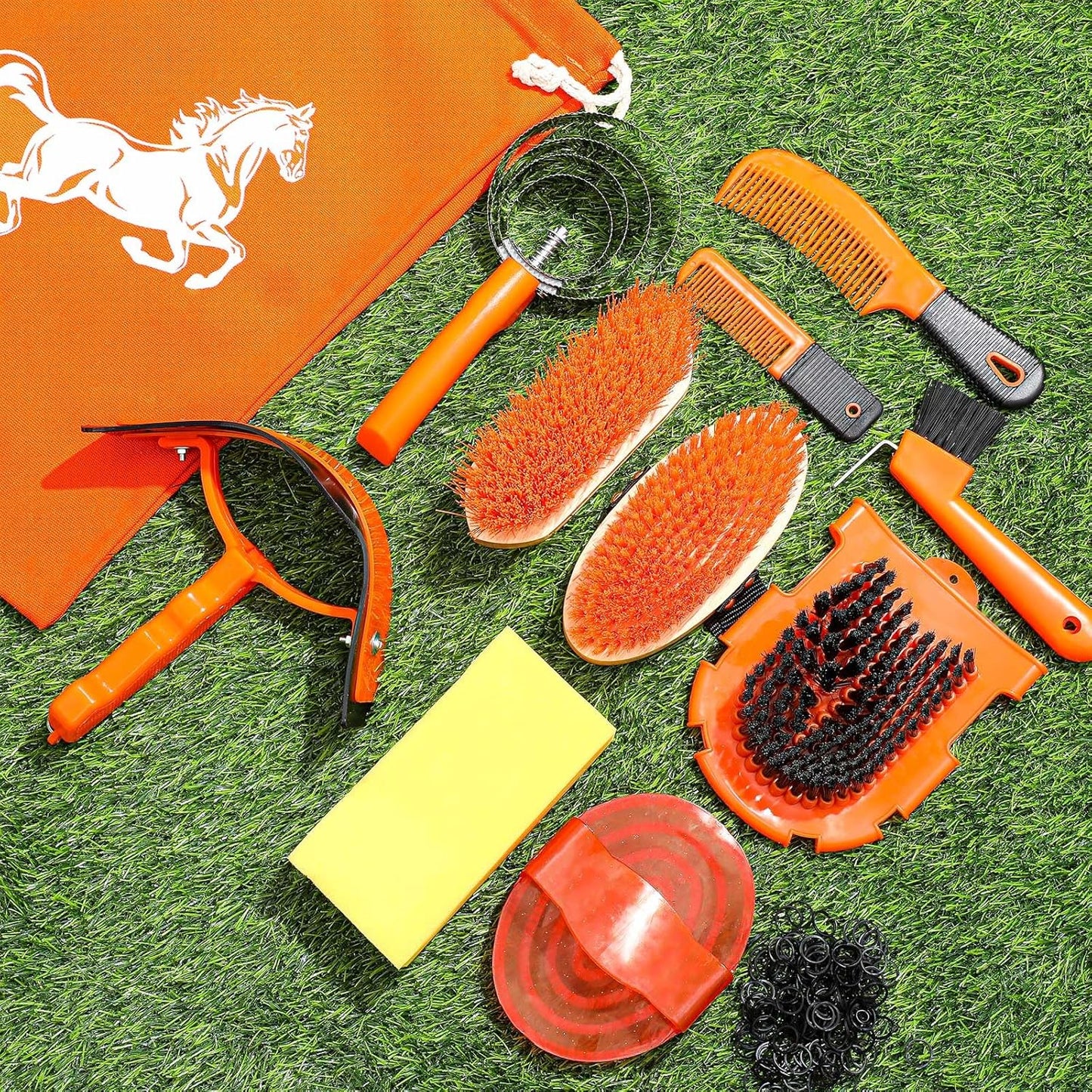 Abbylike 12 Pieces Horse Grooming Kit Racing Festival Tack Room Supplies Horse Brush Sets Equine Care Cleaning Kit Shedding Grooming Massaging Tools(Orange)
