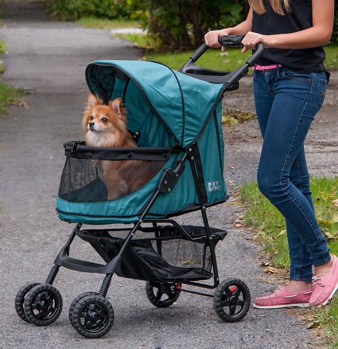 Pet Gear No-Zip Happy Trails Pet Stroller for Cats/Dogs, NEW Emerald | Zipperless Entry, Easy Fold with Removable Liner, Safety Tether, Storage Basket + Cup Holder