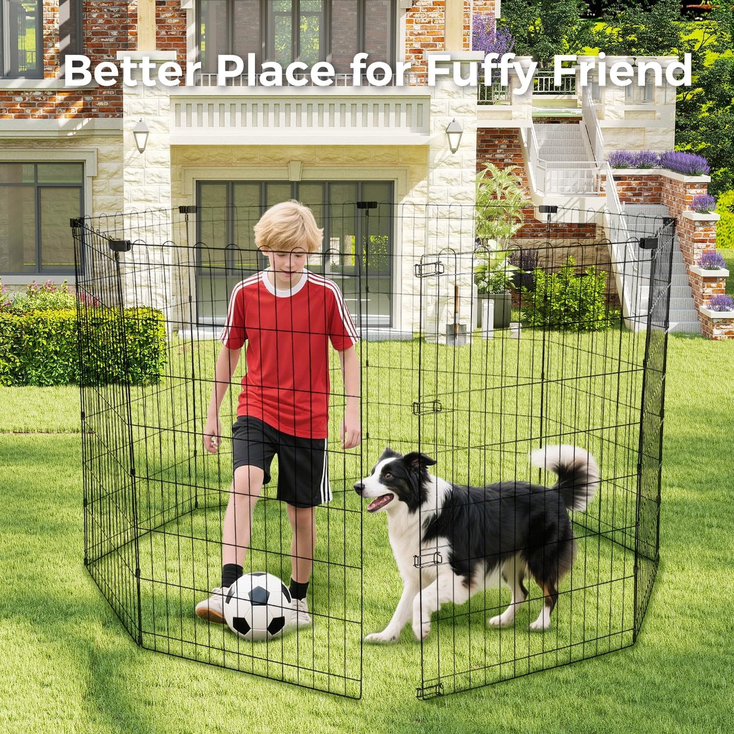 Foldable Dog Playpen 42" Height 8 Panels Metal Exercise Pen No Door - Indoor/Outdoor Dog Play Pen for Medium-Large Dogs, Portable Pet Fence for Yard Garden Camping, Black