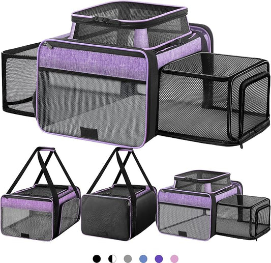 Top and 2 Sides Expandable Pet Carrier 17x11x9.5, TSA Airline Approved Small Dog Carriers for Small Dogs, Soft-Sided Cat Carrier with Self-Locking Zippers for Kitten,Rabbit, Puppy, Guinea Pig Purple
