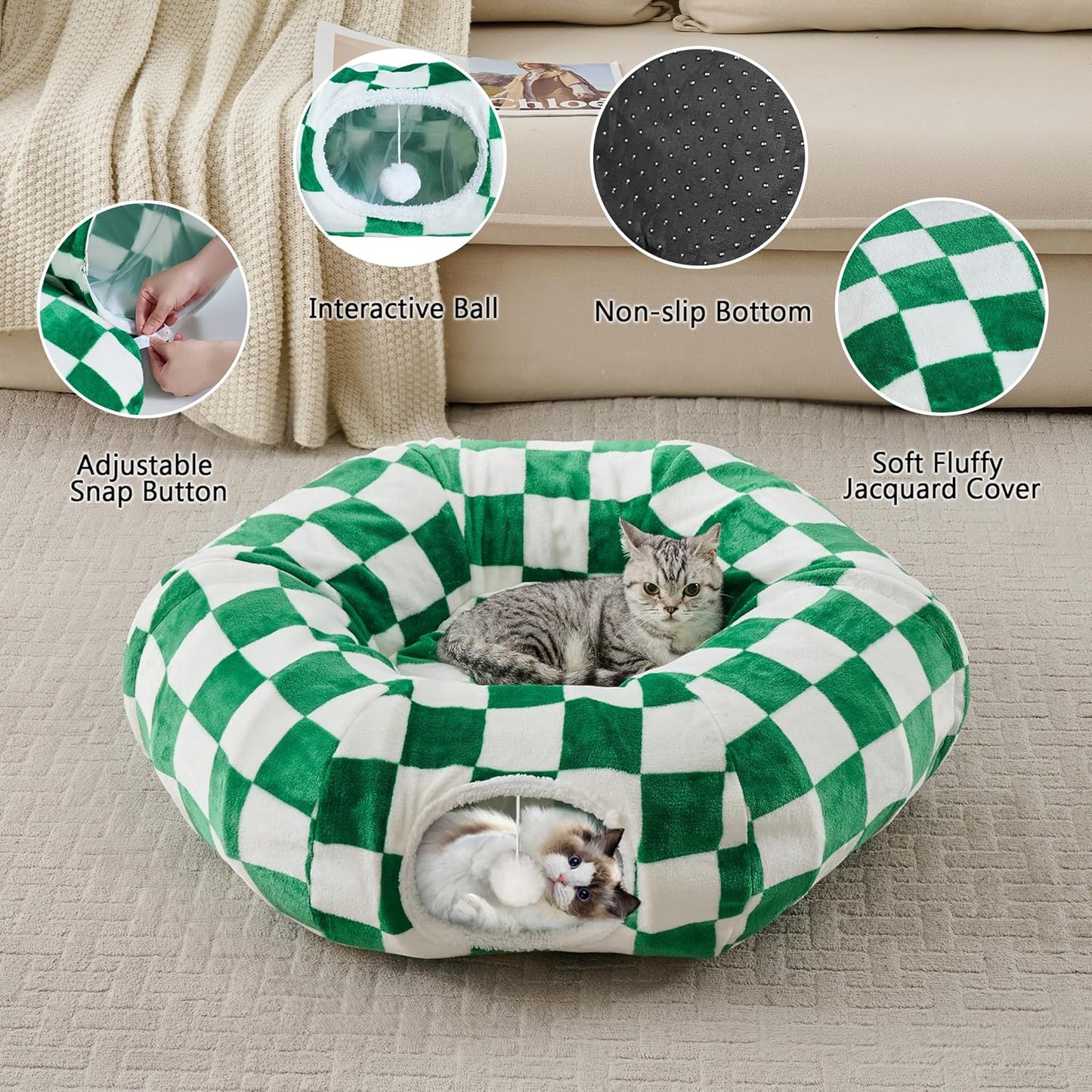 Cat Tunnel for Indoor Cats, Cute Peekaboo Cat Cave with Dangling Balls, Checkered Pet Donut Tunnel Bed with Circle Mat for Puppy Kitten Rabbit, Green/White