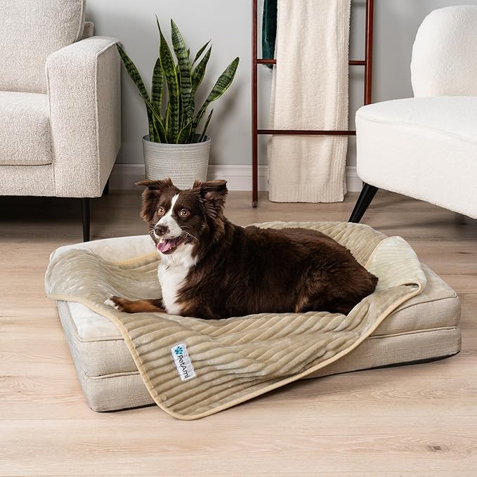 PetAmi Waterproof Dog Blanket, Leakproof Pet Blanket for Small Medium Large Dogs, Reversible Furniture Bed Sofa Couch Cover Protector, Plush Striped Pet Throw for Indoor Cat, 60x80 in, Taupe Beige