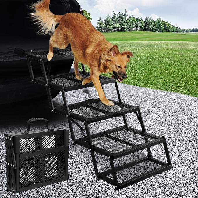 DGSL Folding Dog Stairs for Car, Mesh 16.9" Wide 4-Step Non-Slip Pet Steps | Portable Pet Stairs for Vehicle Access, Large Dogs, SUVs, Trucks and Home use