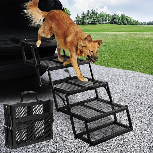 DGSL Folding Dog Stairs for Car, Mesh 16.9" Wide 4-Step Non-Slip Pet Steps | Portable Pet Stairs for Vehicle Access, Large Dogs, SUVs, Trucks and Home use