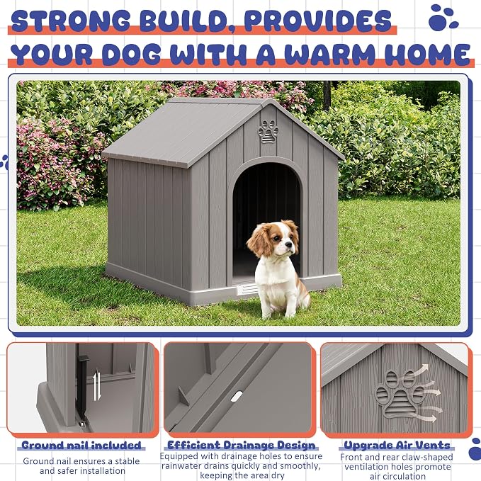 Bifanuo Outdoor Indoor Dog House for Small & Medium Dogs - Weatherproof Shelter with Elevated Floor, Hidden Vents & Tool-Free Assembly (Classic Grey, 26.18" L x 24.03" W x 25.98" H)