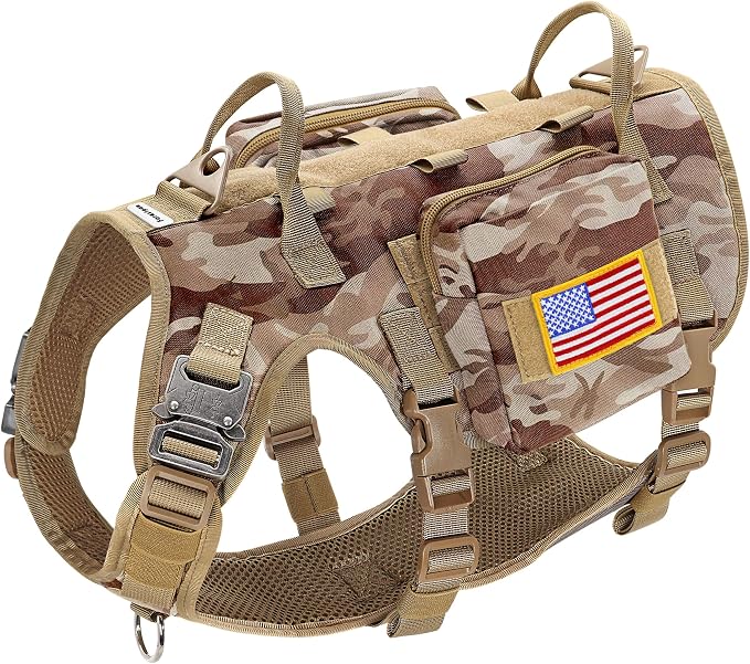 Forestpaw Tactical Dog Harness Collar Bungee Leash Set,M,Camo Brown | Adjustable Fits 22-35" Chest,30-80 lbs,No Pull Control Military Style,Quick Release Buckle,Walking Training for Medium Dogs