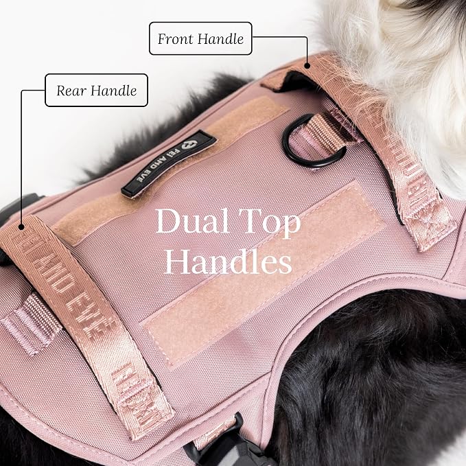 Fei & Eve Classic Dog Harness, MagEase Magnetic Buckle | 3-Point No-Pull Control, Dual Handle Support, 900D Nylon, Tactical Patch Panel, Heavy Duty, Small, Pink