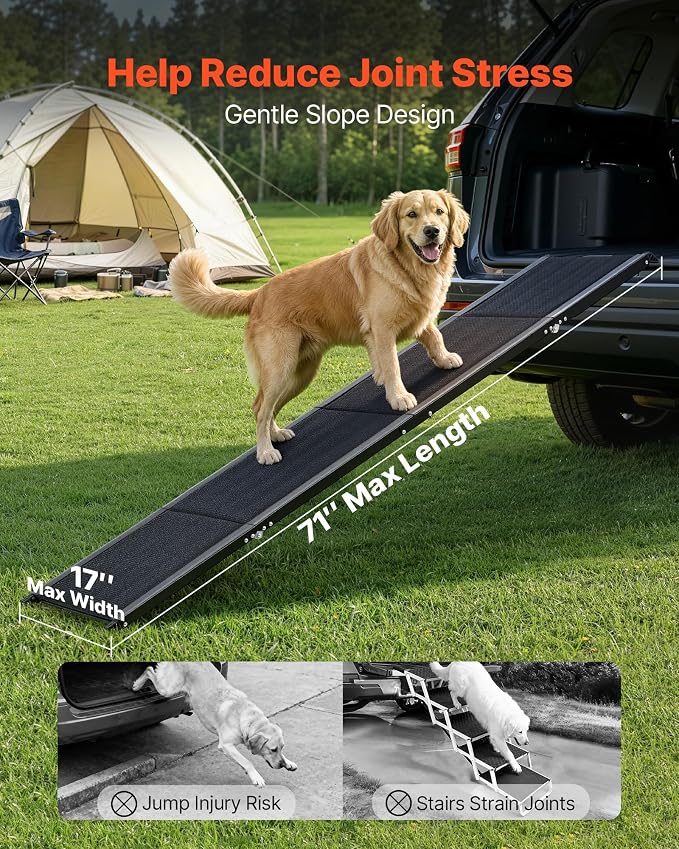 VEVOR Dog Ramp for Cars, 71" L x 17" W, Folding Pet Ramps for Medium & Large Dogs up to 250lbs, Pet Stair Ramp with Non-Slip Oxford Fabric Surface, Portable Outdoor Dog Car Ramps for SUV & Truck