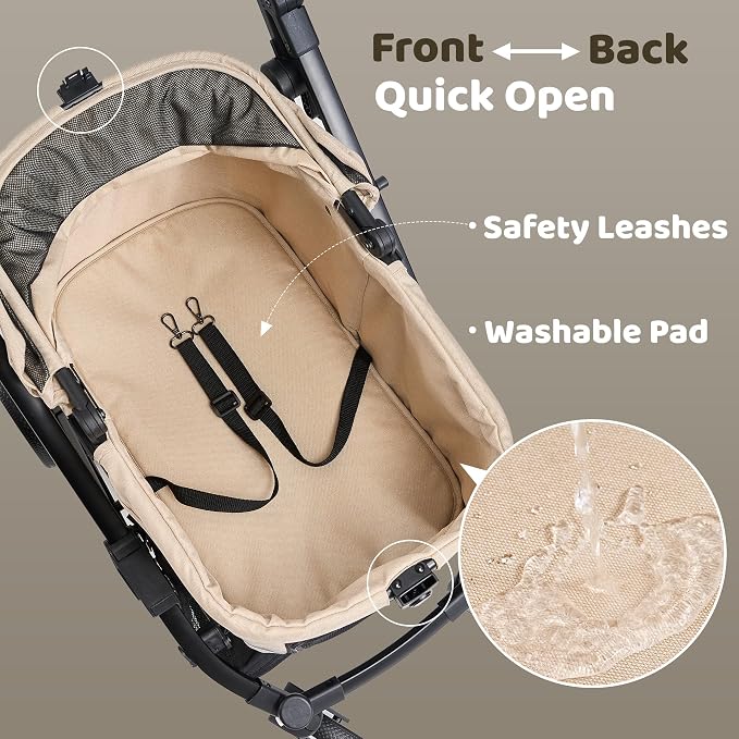 All-Terrain Dog Stroller for Small to Medium Dogs, Pet Stroller for Dogs & Cats Outdoor Walks, One-Hand Easy Fold, Double-Layer Anti-UV & Waterproof Canopy & Breathable Mesh, Vanilla Beige