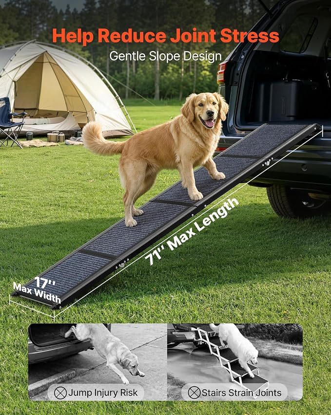 VEVOR Dog Ramp for Cars, 71" L x 17" W, Folding Pet Ramps for Medium & Large Dogs up to 250lbs, Pet Stair Ramp with Non-Slip Felt Rug Surface, Portable Outdoor Dog Car Ramps for SUV & Truck