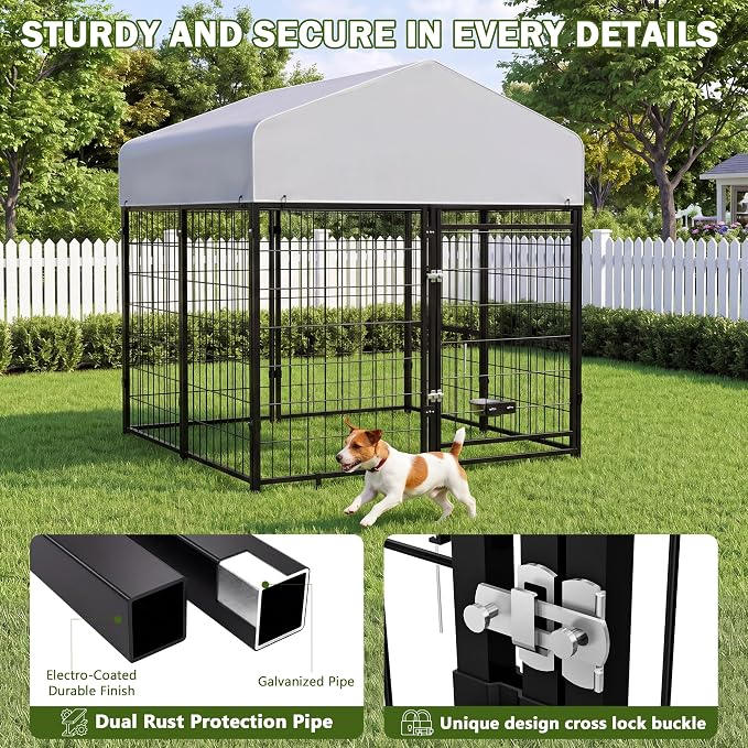 Dog Kennel Outdoor Enclosure with Roof, 4x4x4.6 FT Heavy Duty Outside Dog Run for Yard, Dog Crate Playpen with UV-Resistant Waterproof Cover