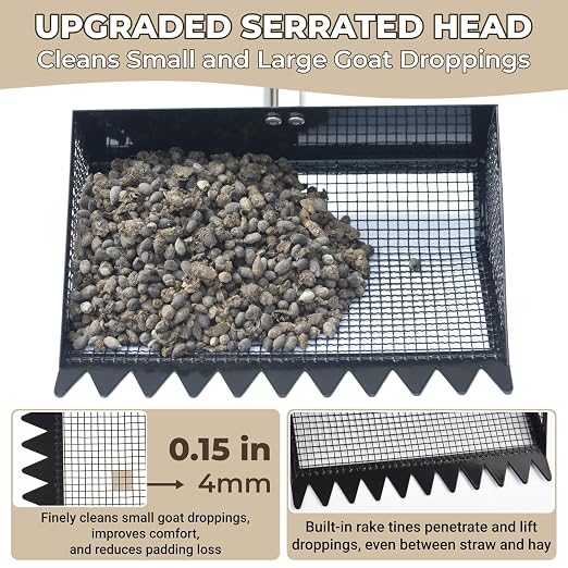 Goat Pooper Scooper, 4-in-1 Goat Stall Sifter Shovel (22 to 61 Inch,Black) | Accessories & Supplies for Goat, Chicken Poop Scooper for Sand, Horse/Sheep/Duck/Cow, Pooper Scooper Rake for Livestock