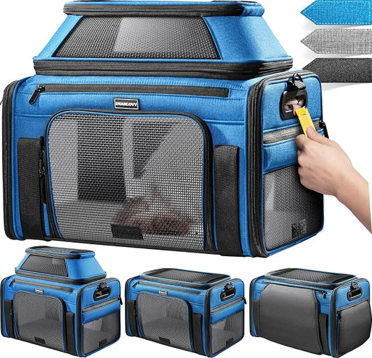 Top-Expandable Pet Carrier with Treat & Pet Window,17x11x9.5 Inch Alaska Hawaiian Airline Approved,Soft-Sided Dog Carrier for Small Dogs and Cats,Travel Cat Carrier with Locking Safety Zippers,Blue