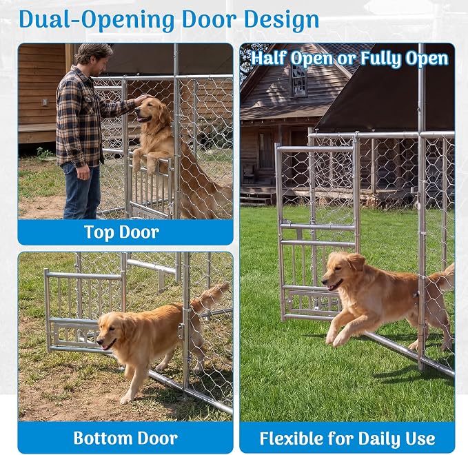 Redlife 7.5x7.5FT Heavy-Duty Outdoor Dog Kennel with Roof | Galvanized Steel Dog Cage, 360° Rotating Feeding Bowls, Double Door Opening, Waterproof Cover, Large Backyard Pet Enclosure