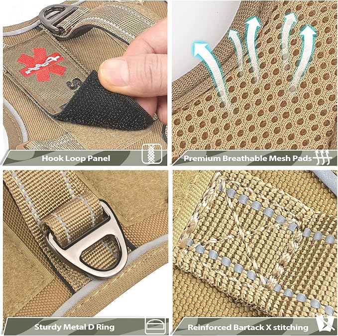 Tactical Dog Harness for Small Dogs, Adjustable No Pull Military Vest with Padded Vertical Handle, Reflective MOLLE Panels and 2 Patches, Khaki, XS