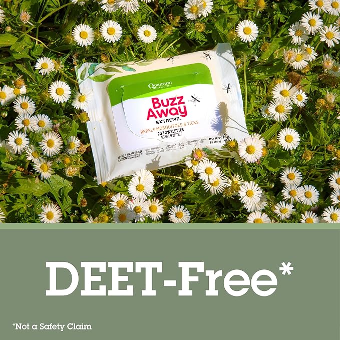 Quantum Health Buzz Away Extreme DEET Free Insect Repellent Wipes - Travel-Friendly Citronella Oil Mosquito & Tick Outdoor Bug Repellent Towelettes, Kids & Adults - 20 Individual Wipes